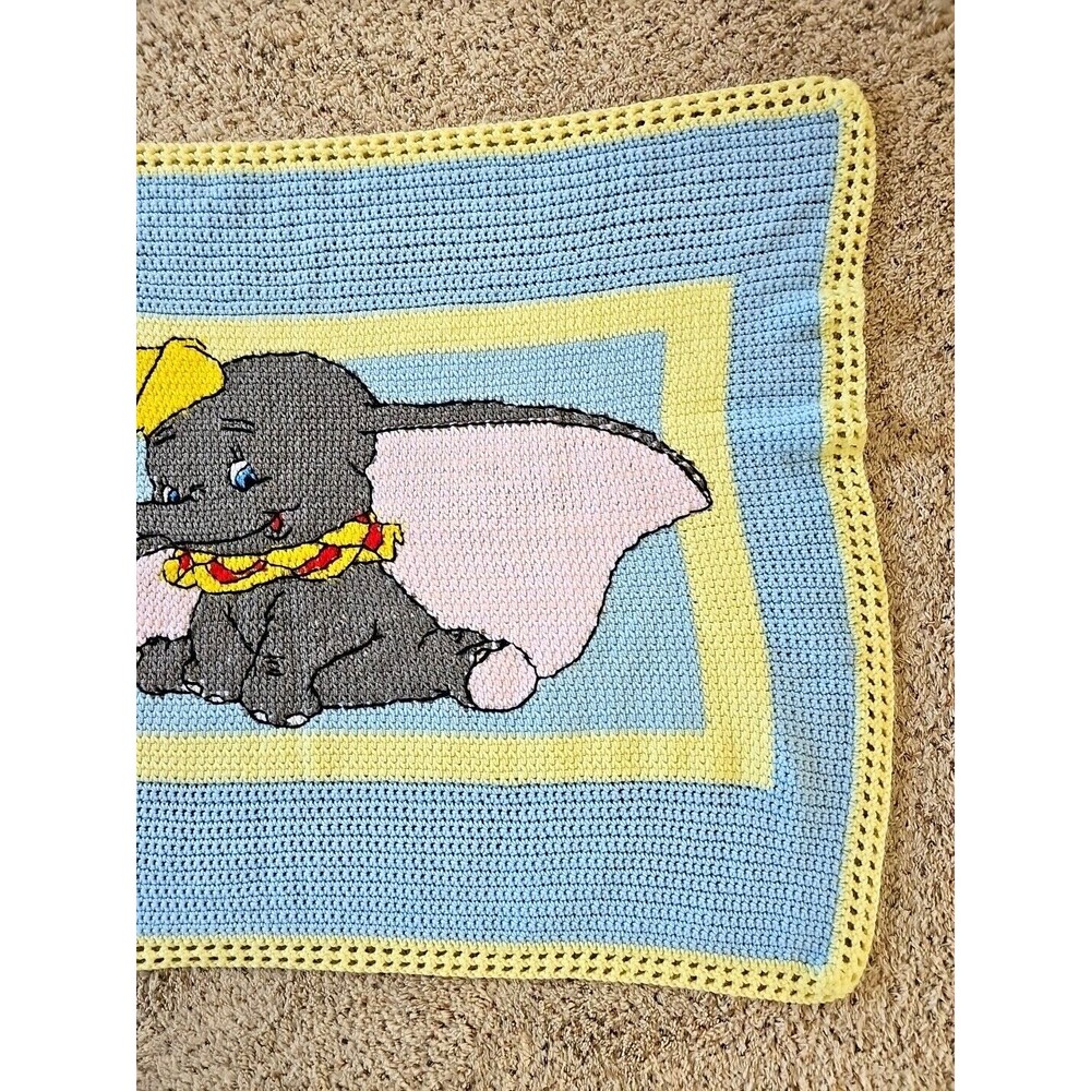 Dumbo Baby Blanket Handknit Crochet Blue Yellow Soft Knit Elephant Nursery Decor - Picture 4 of 13